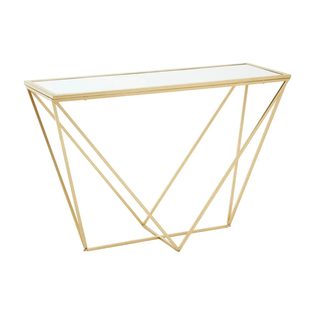 Gold metal console table with geometric frame and glass top
