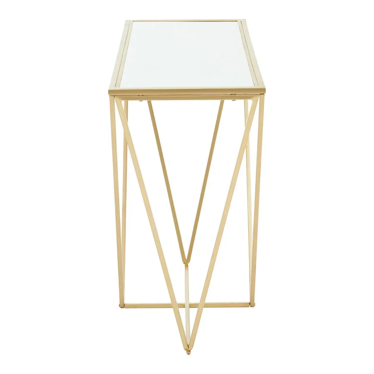 Gold metal console table with geometric frame and glass top, front view