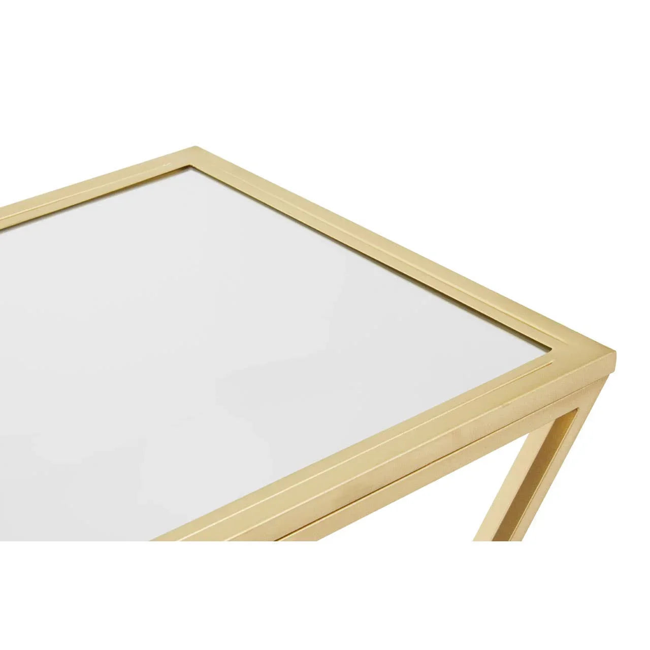 Gold metal and glass side table corner with sleek modern frame