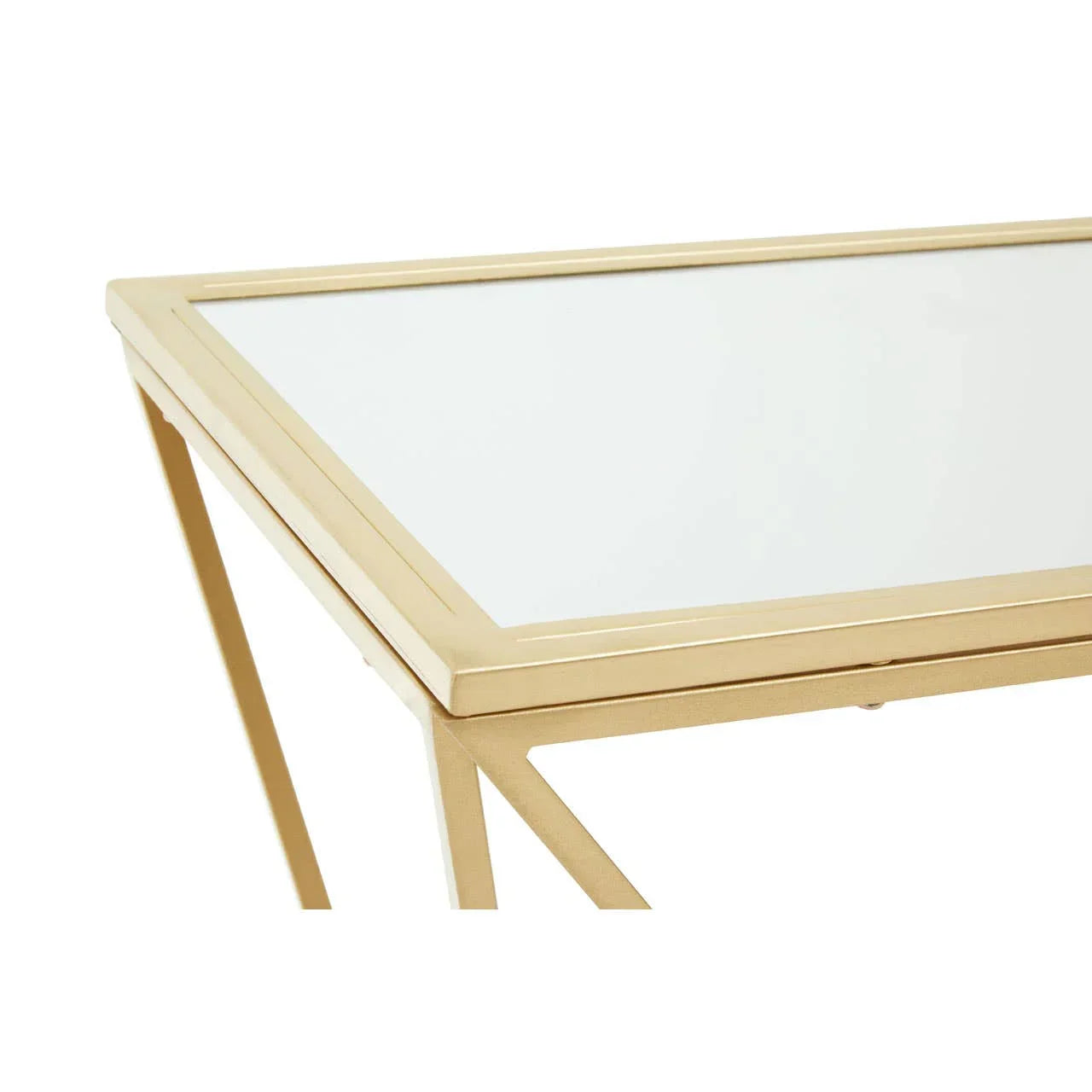 Gold metal frame glass top table corner view