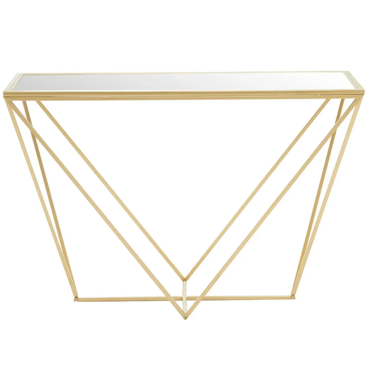 Gold metal console table with geometric frame and glass top, modern hallway furniture