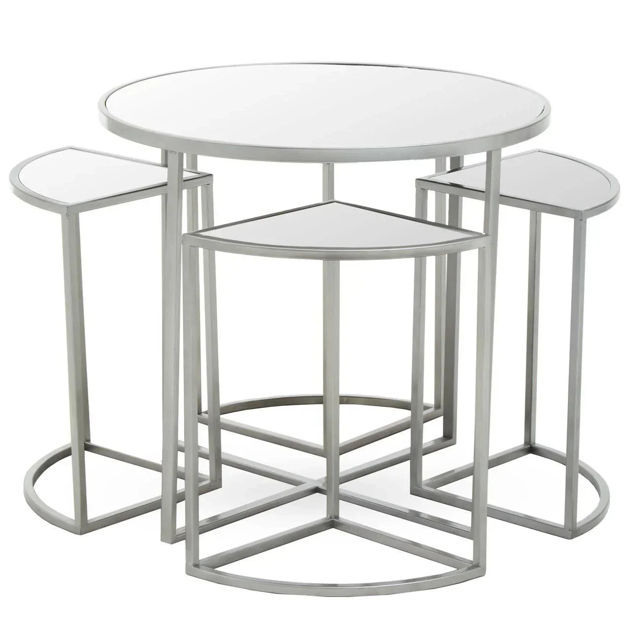 Round nesting coffee table set with mirrored tops and silver metal frames