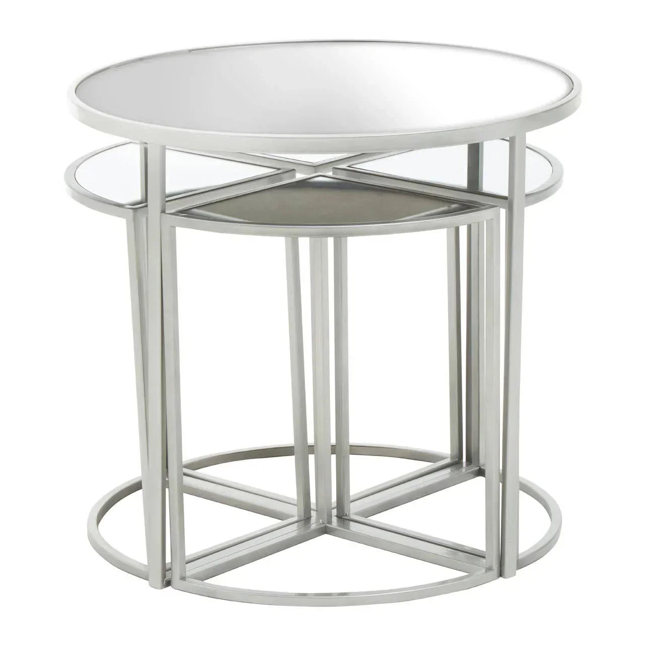 Round glass top nest of tables with silver metal frame, two-piece set, modern design