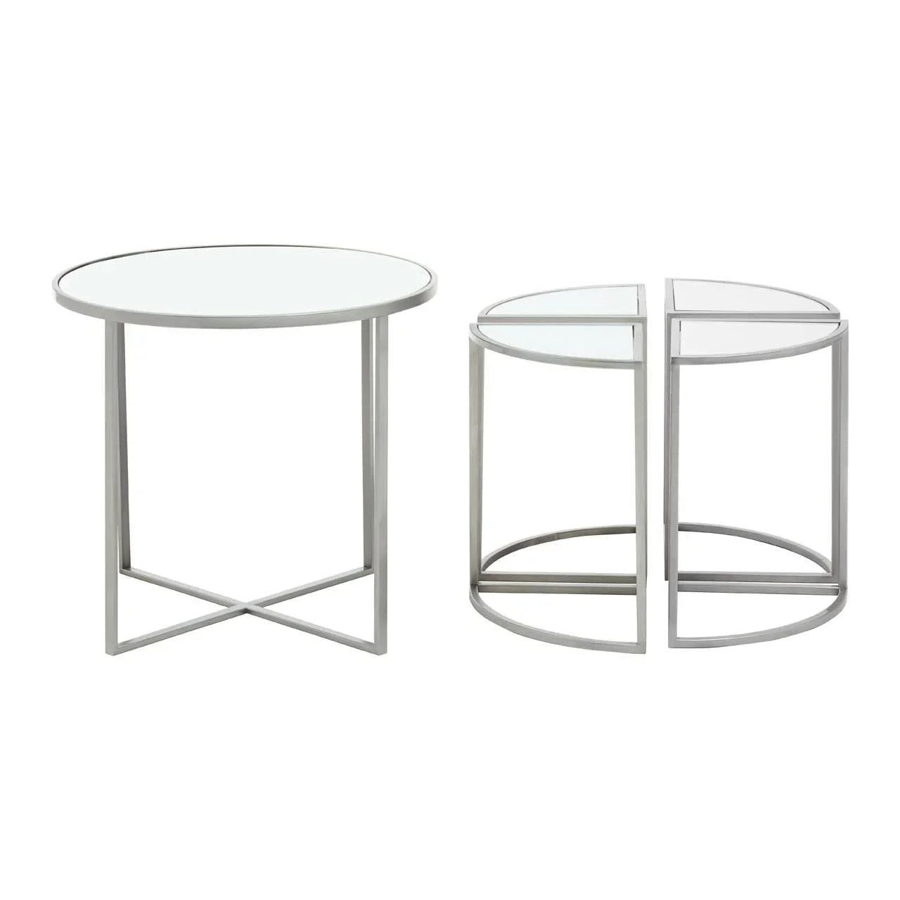 set of three round glass top nesting tables with chrome metal frames