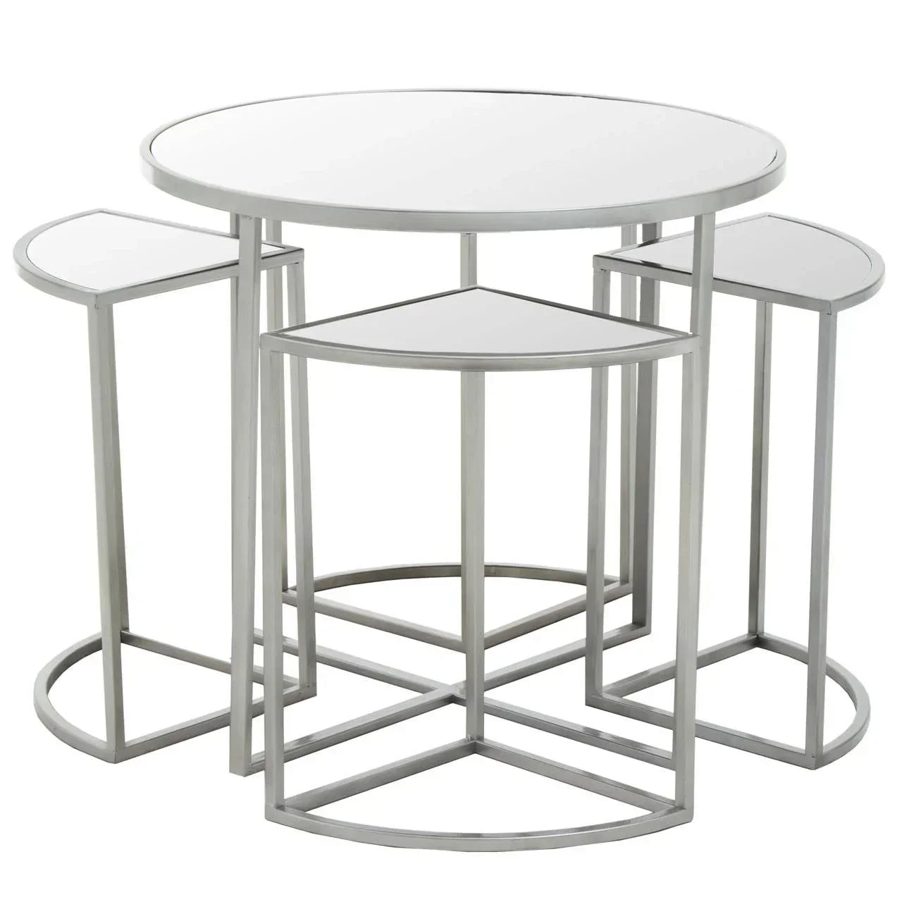 Round glass nesting tables with silver metal frames, set of four grouped together