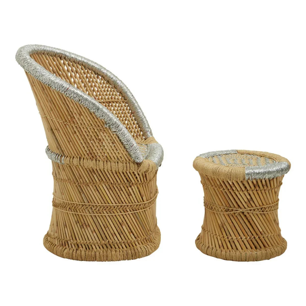 Natural rattan chair and matching stool set with silver trim on white background