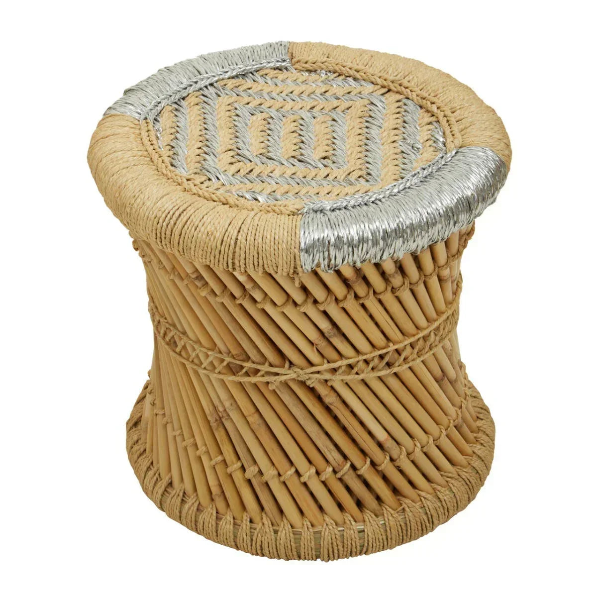 Natural rattan stool with silver woven accents and round top, ideal for modern living spaces