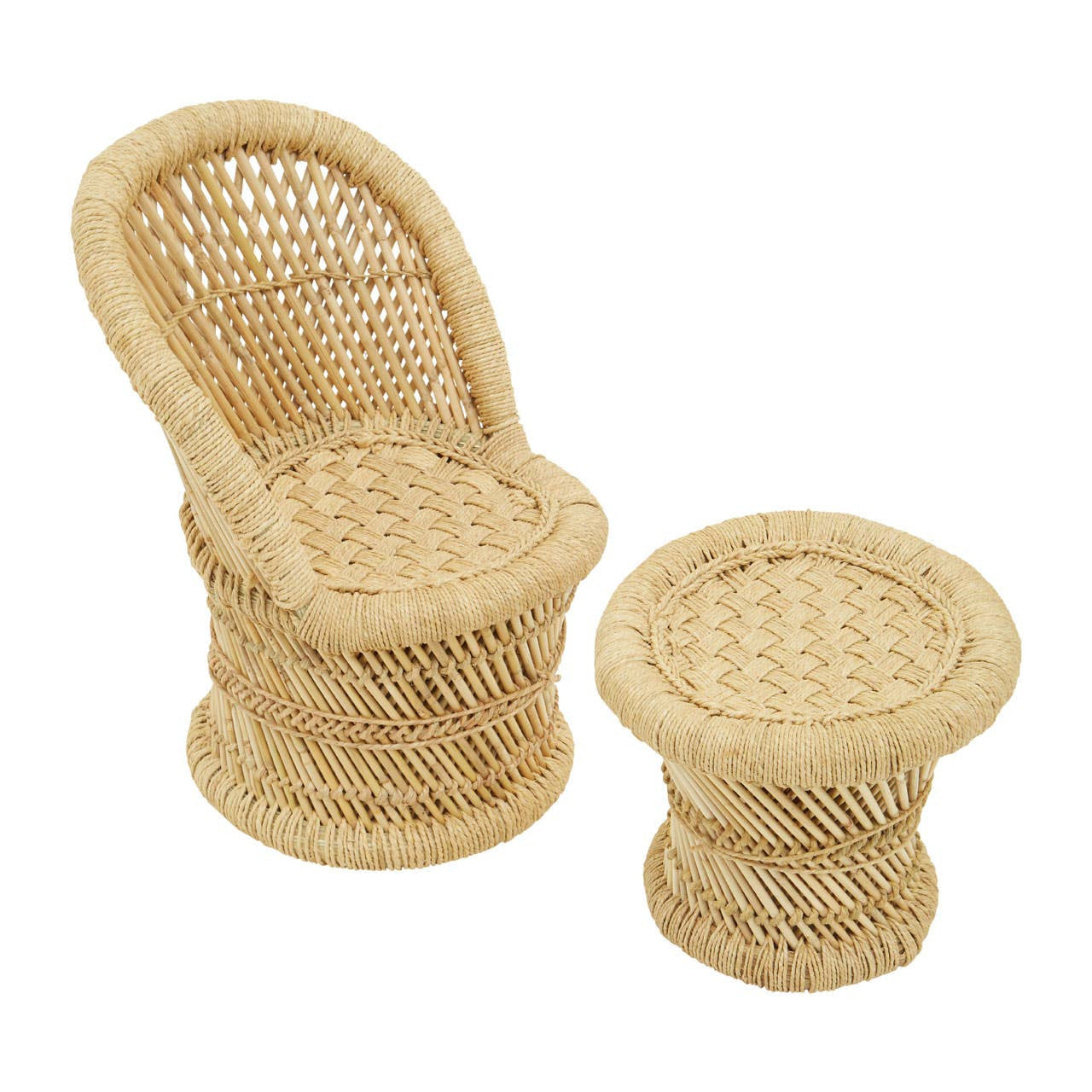 Natural woven bamboo chair and stool set designed for children, featuring a curved chair with a woven pattern and a round stool, both in a light, natural finish