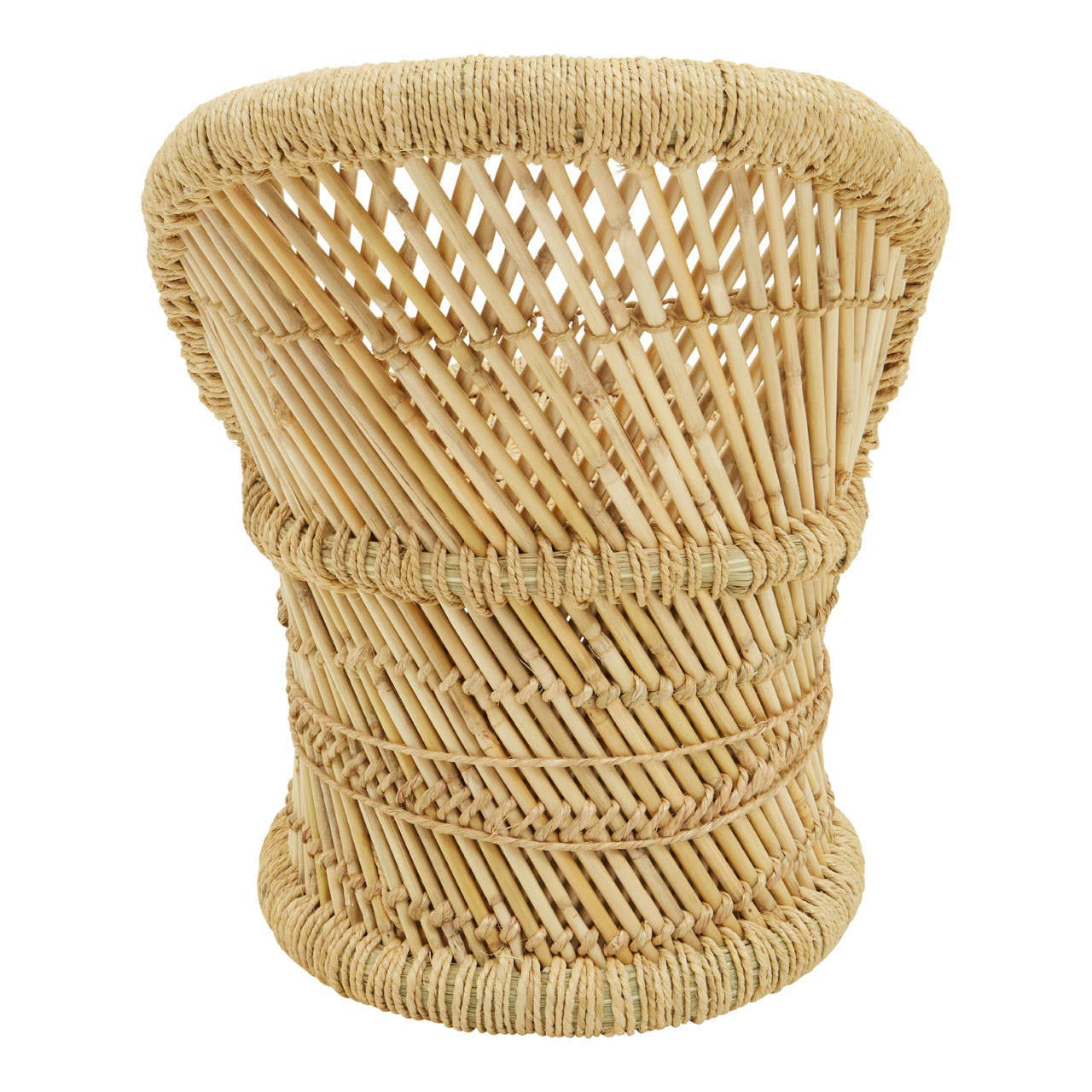 Natural woven bamboo chair and stool set designed for children, featuring a light tan color and a unique, textured pattern. The chair has a rounded back and a sturdy base, while the stool is cylindrical and complements the chair's design. Both pieces showcase a minimalist aesthetic suitable for various home decor styles