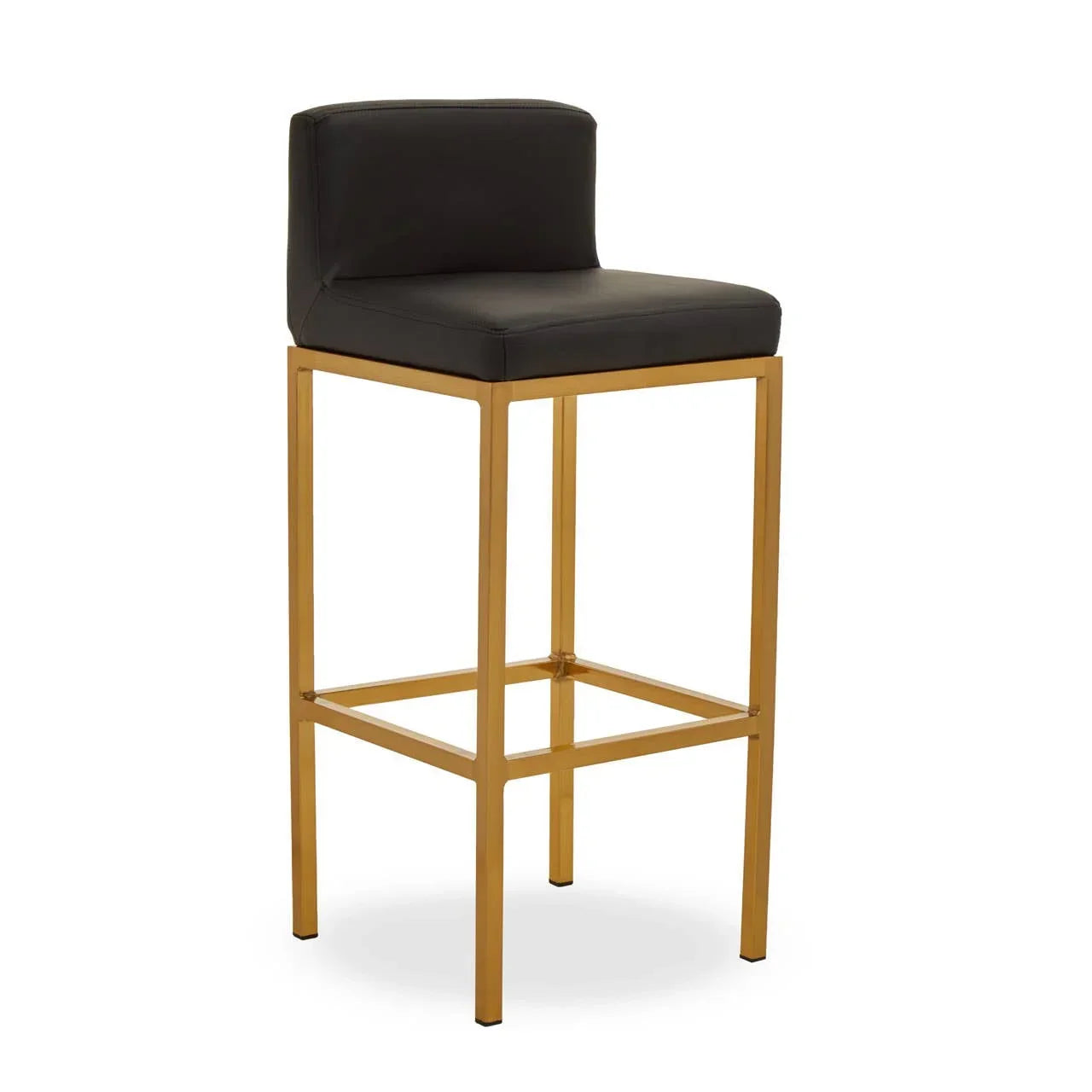 Black bar stool with gold metal frame and low backrest, modern dining furniture
