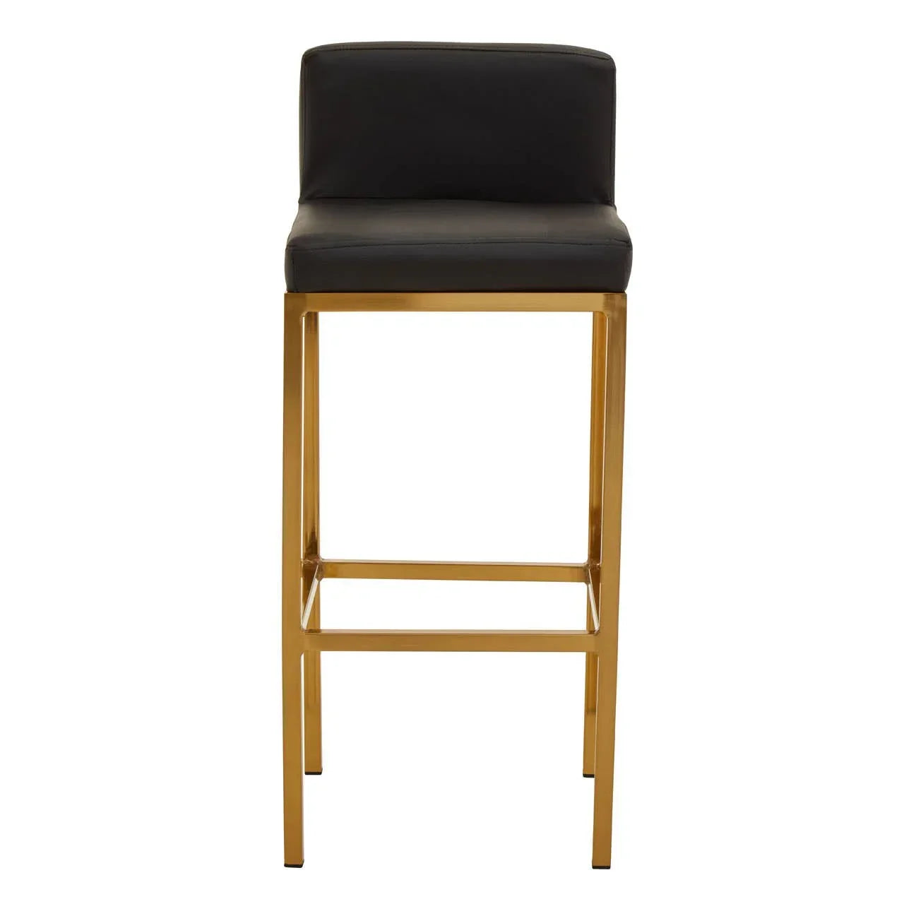 Black leather bar stool with gold metal frame, front view