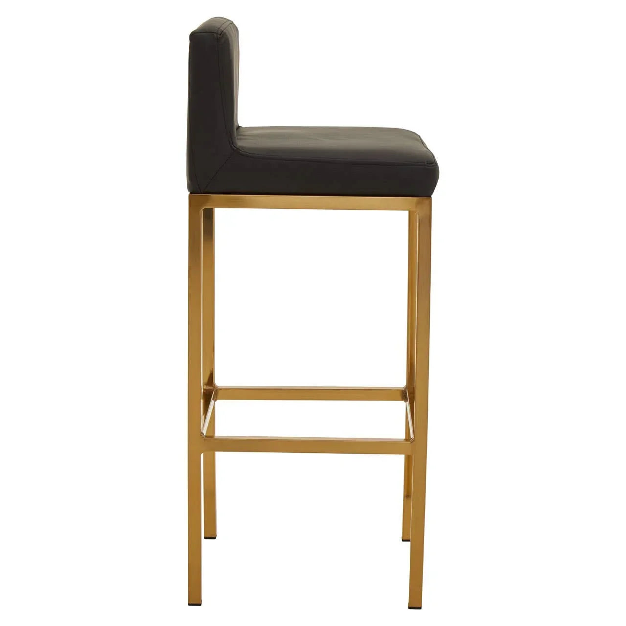 Black leather bar stool with gold metal frame shown in side profile