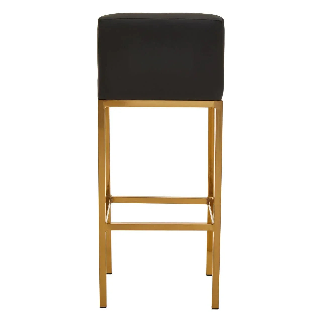 Modern bar stool with black padded seat and gold metal frame, front view