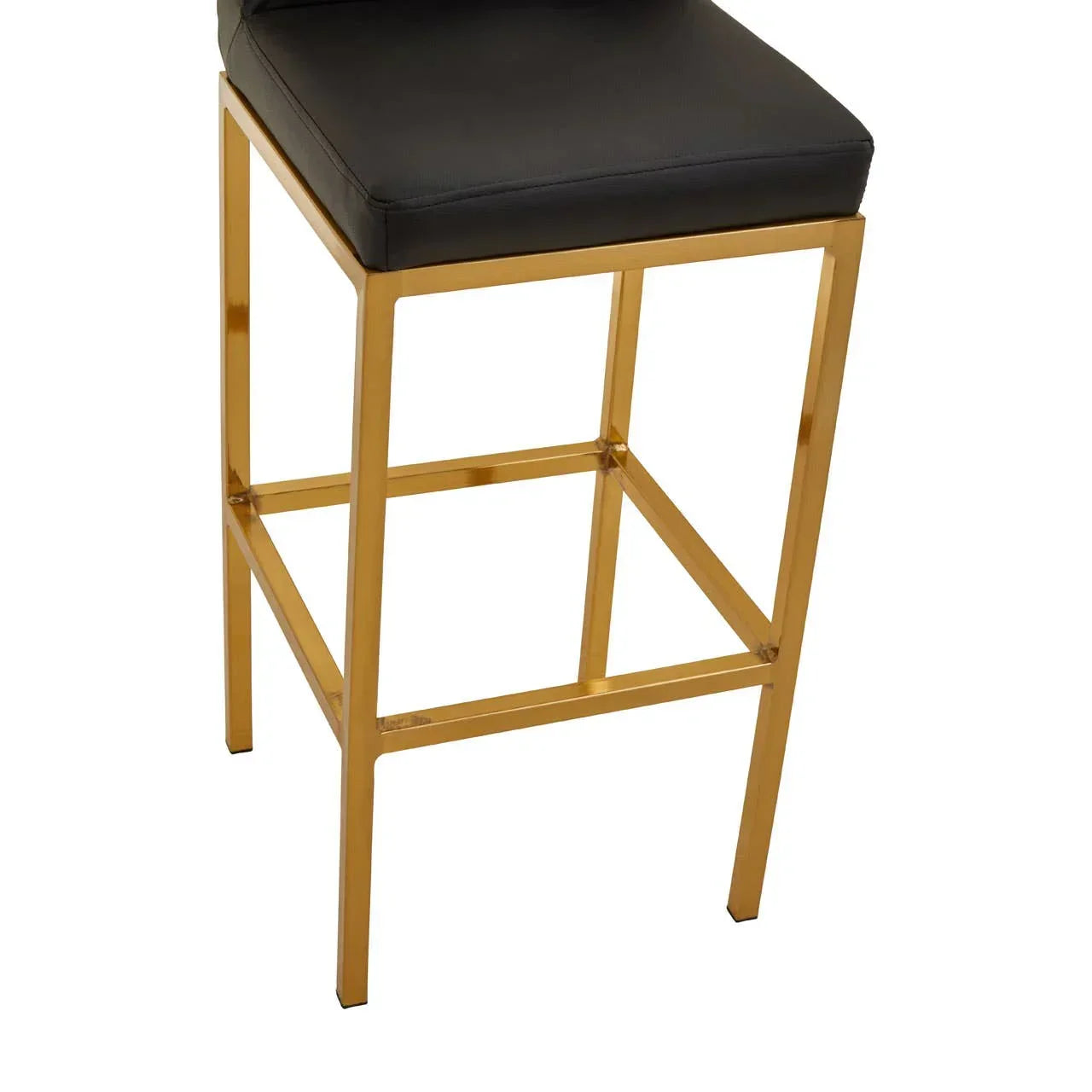 Bar stool with gold metal frame and black padded seat, angled front view