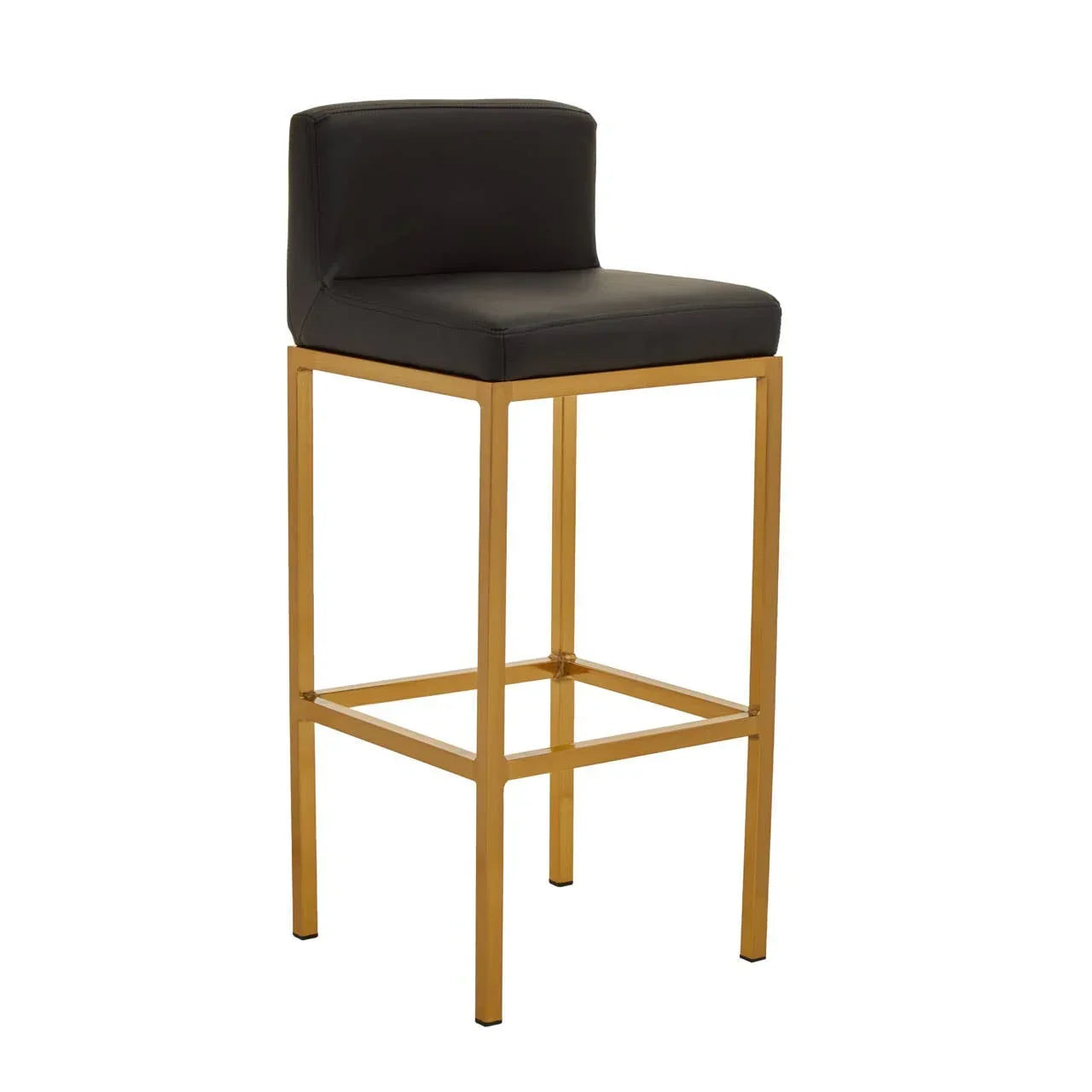Black leather bar stool with gold metal frame and low backrest