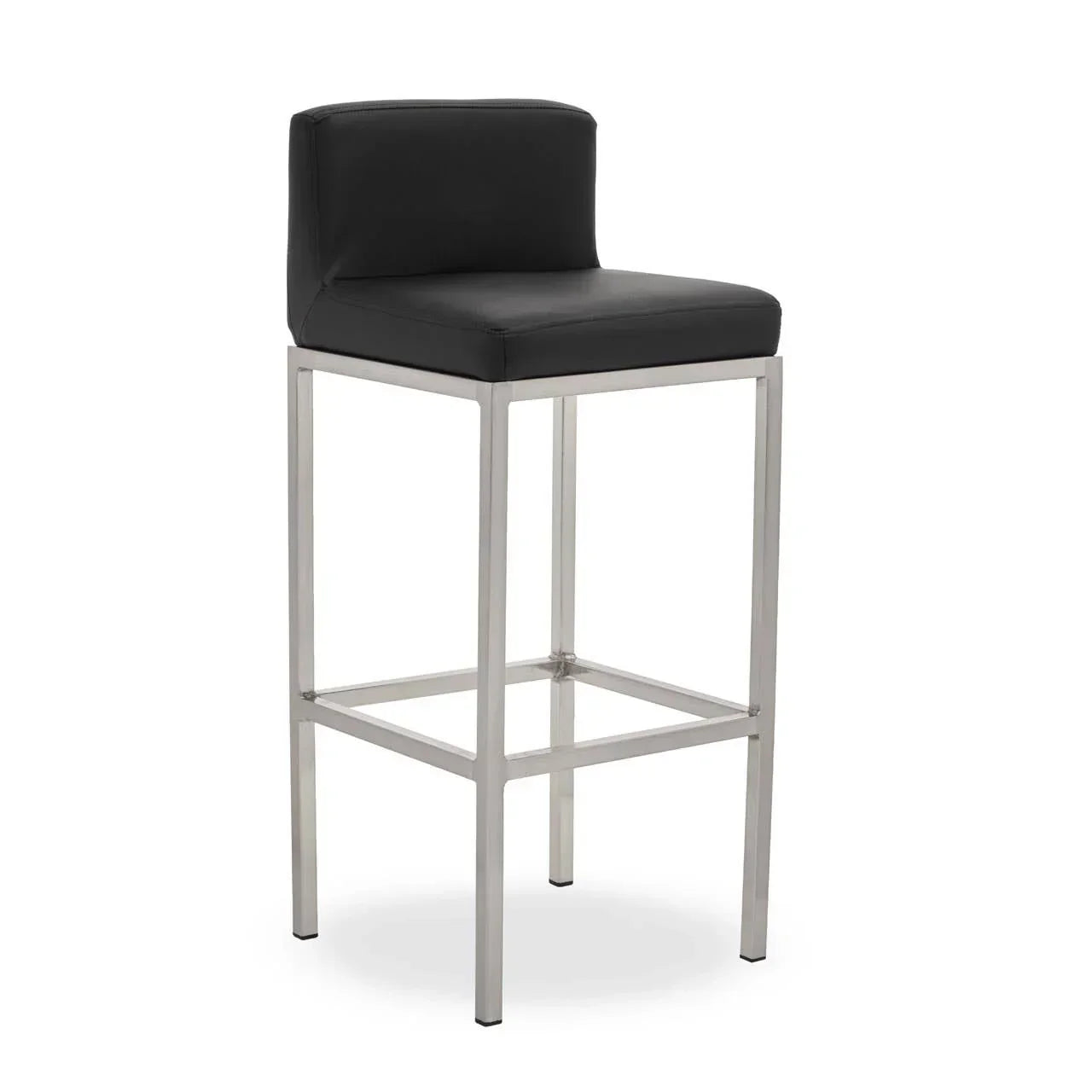 Black leather bar stool with chrome frame and low backrest