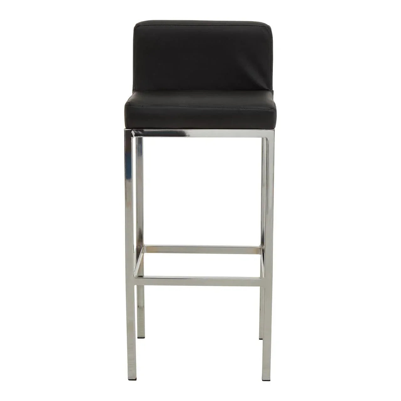 Black leather bar stool with chrome metal frame and low backrest, front view