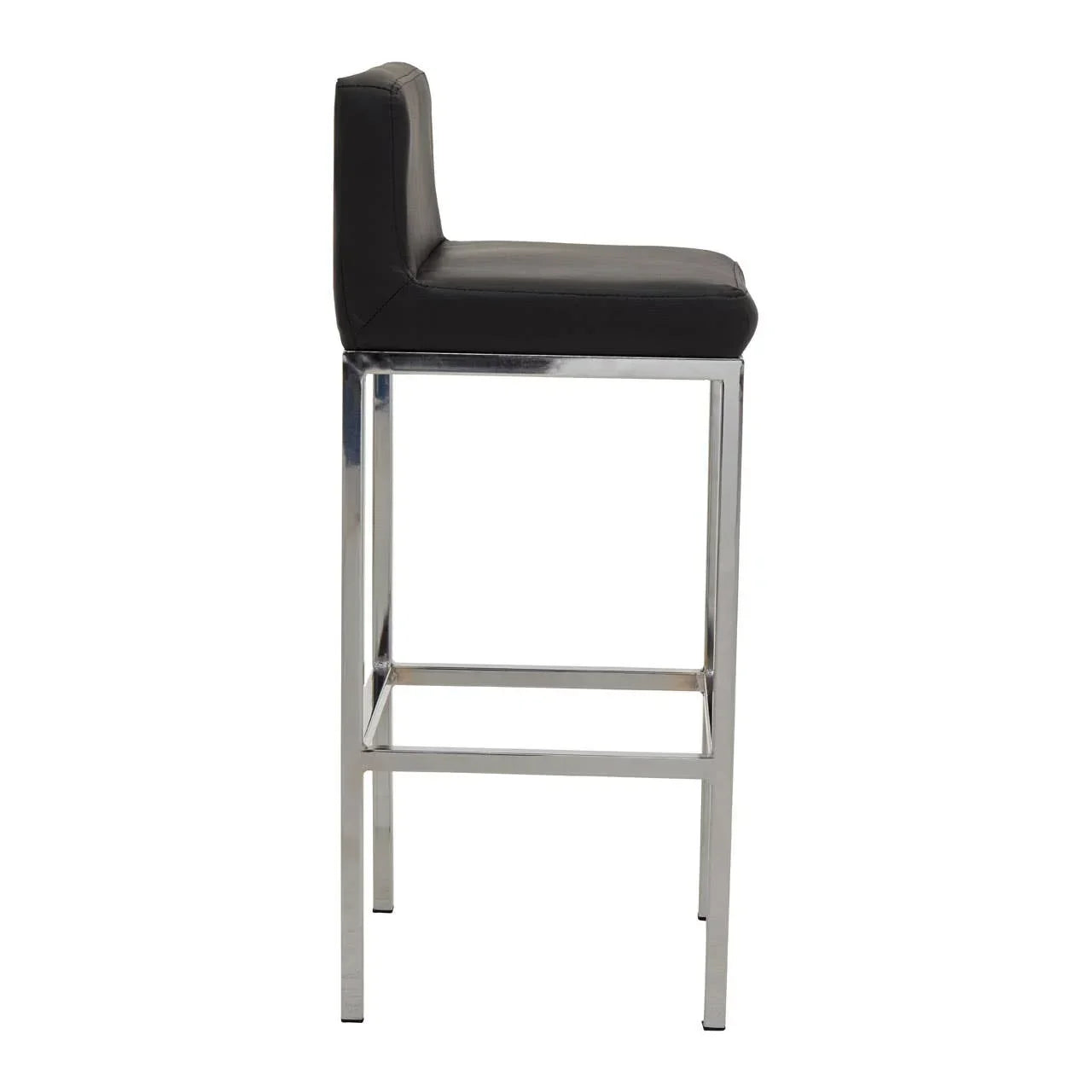 Black bar stool with chrome legs and low backrest, side profile view