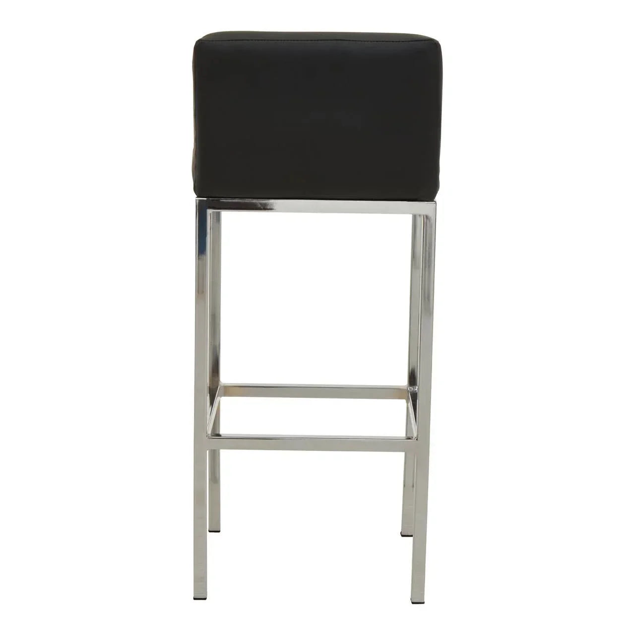 Black bar stool with chrome legs and square seat, front view