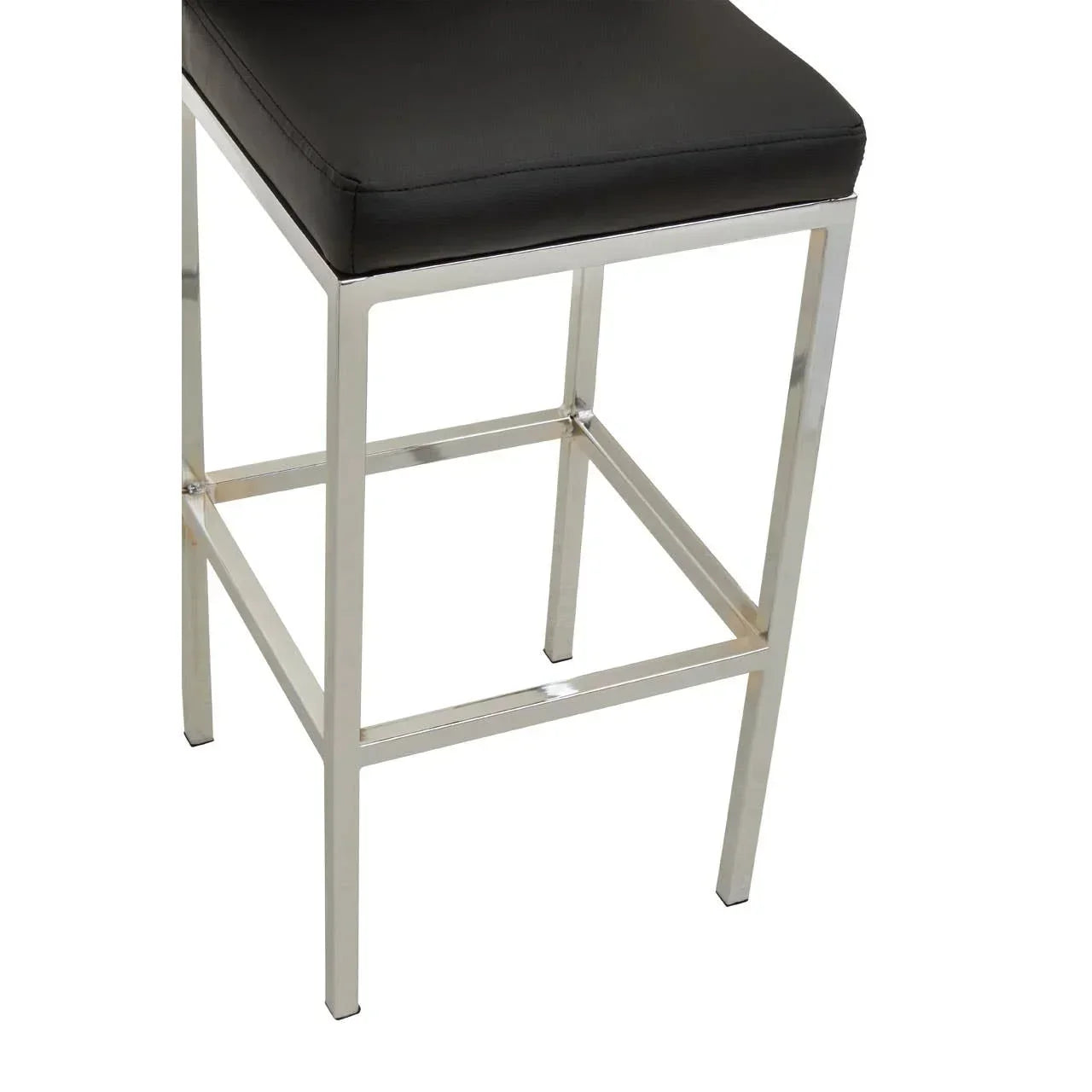 Black bar stool with chrome metal legs and cushioned seat, partial front angle view