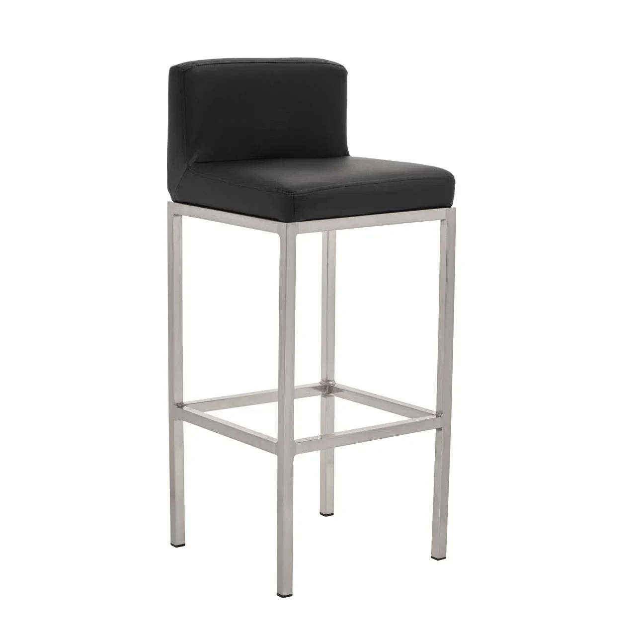 Black leather bar stool with chrome legs and low backrest, side angle view