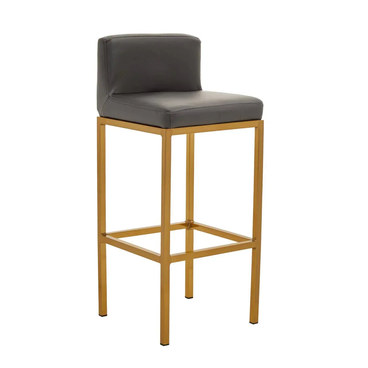 Grey leather bar stool with gold metal frame and low backrest