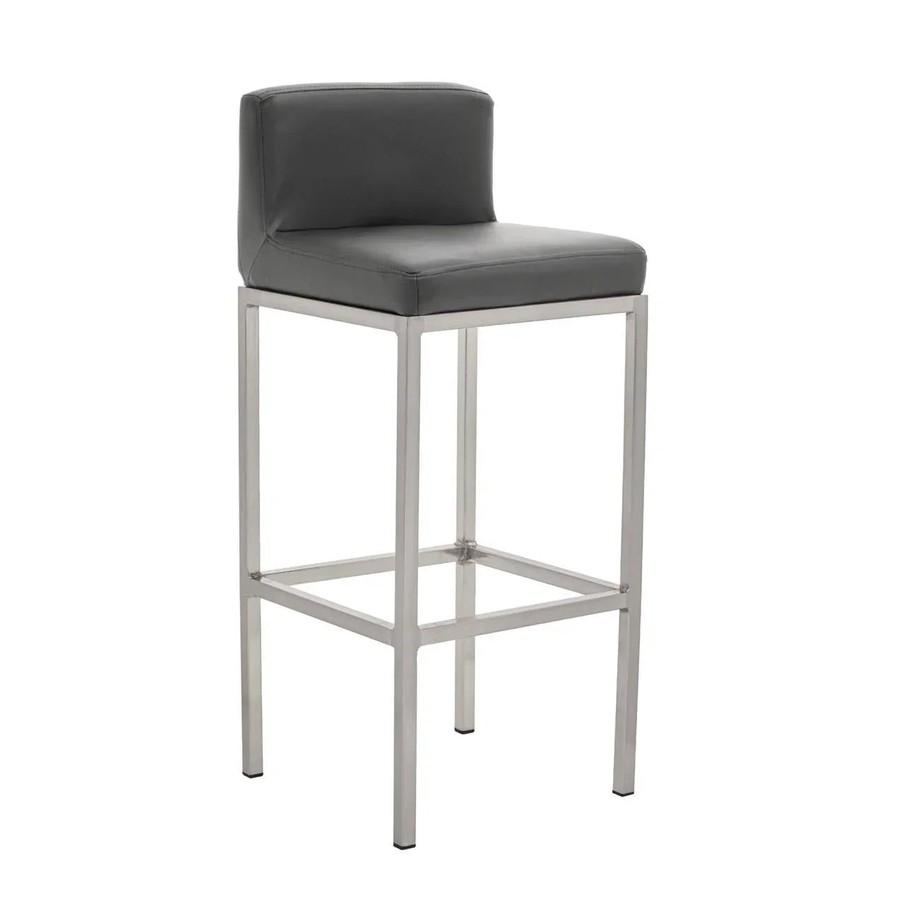 Grey leather bar stool with chrome legs and low backrest