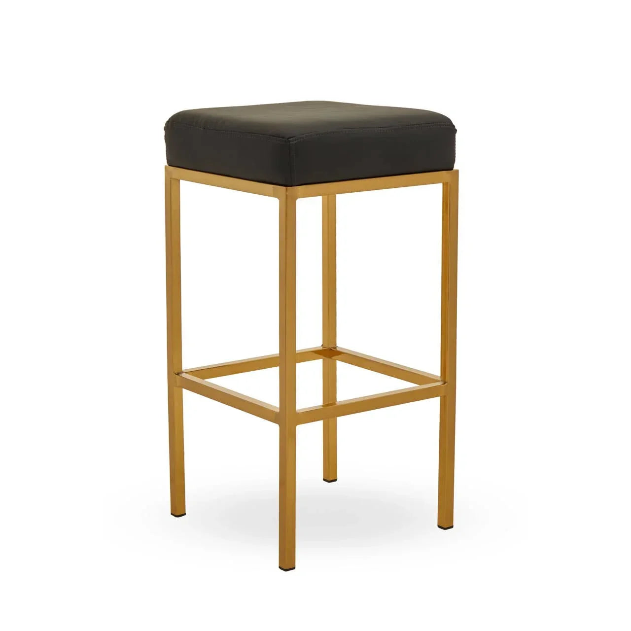 Modern bar stool with black cushioned seat and gold metal frame on white background