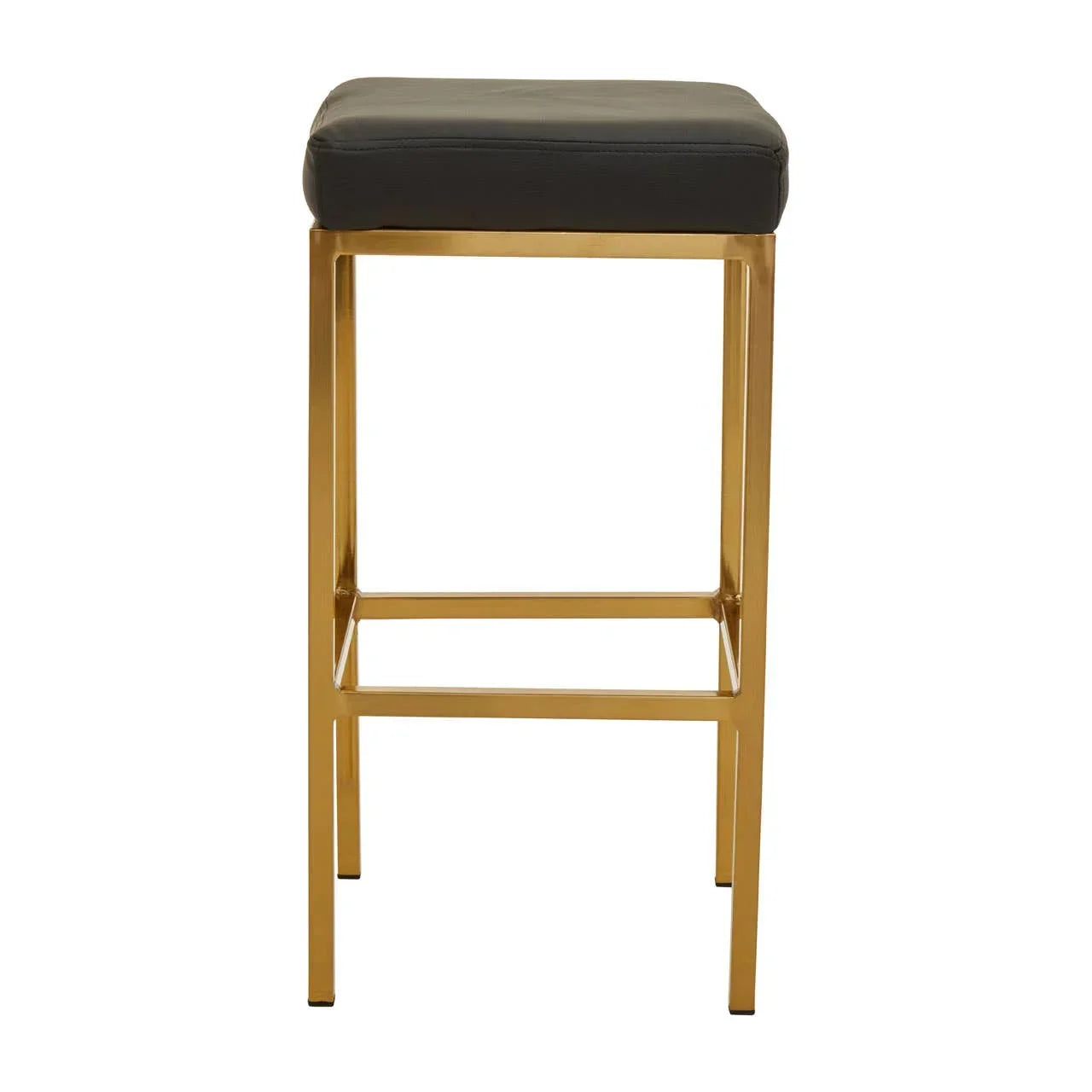 Black padded bar stool with gold metal legs, straight-on angle