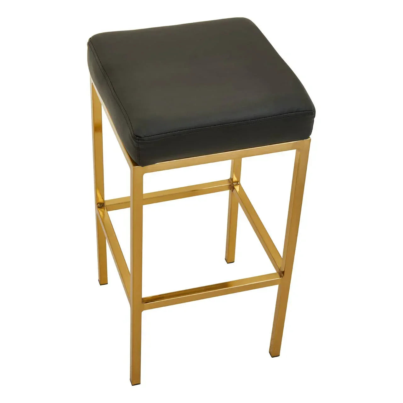Black leather bar stool with gold metal frame, modern square seat design