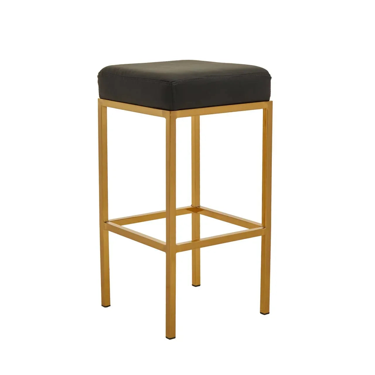 Black bar stool with gold metal frame and square padded seat, modern kitchen seating