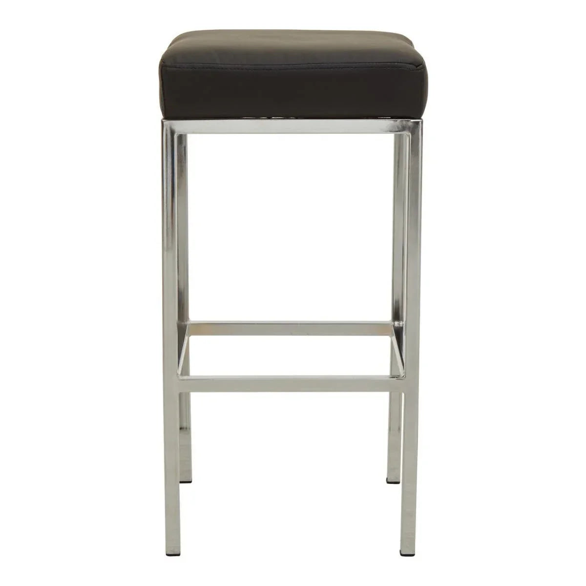 Modern bar stool with black cushioned seat and chrome metal frame front view