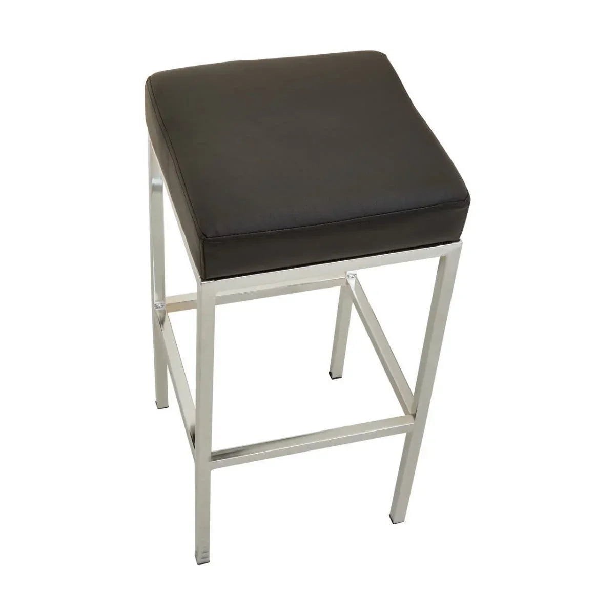 Modern bar stool with chrome legs and black cushioned seat on white background