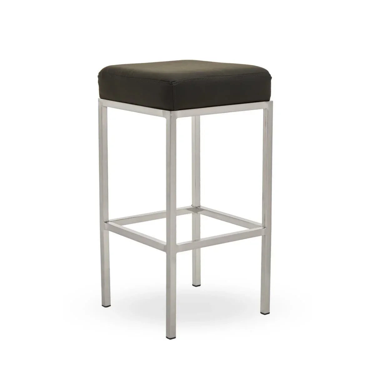 Modern bar stool with black cushioned seat and chrome metal frame on white background