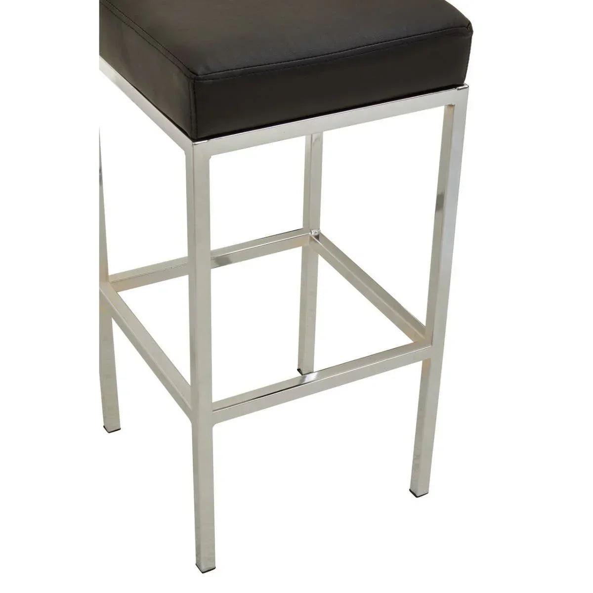 Black leather bar stool with chrome metal frame and square seat, side view