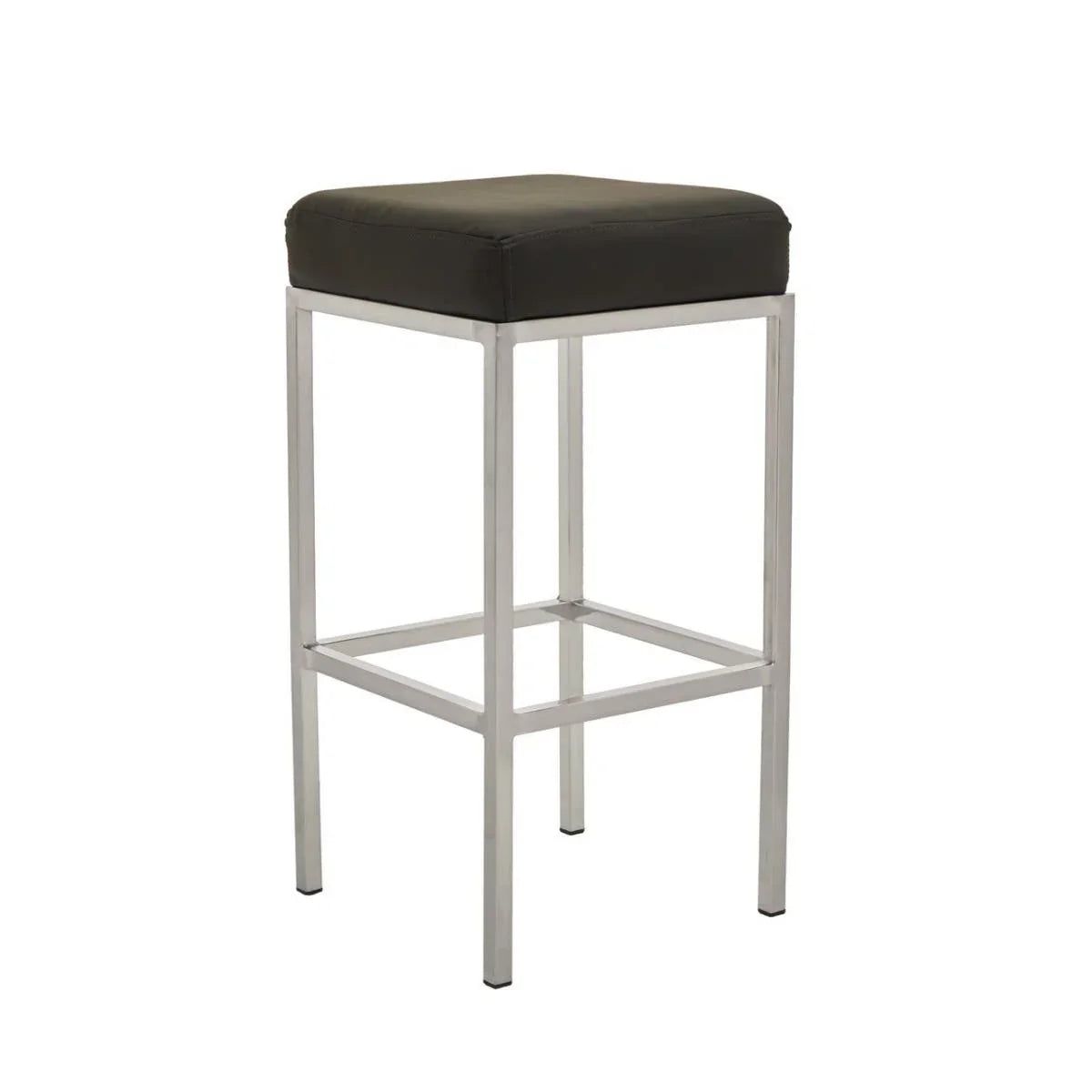 Black bar stool with chrome metal frame and padded seat on white background