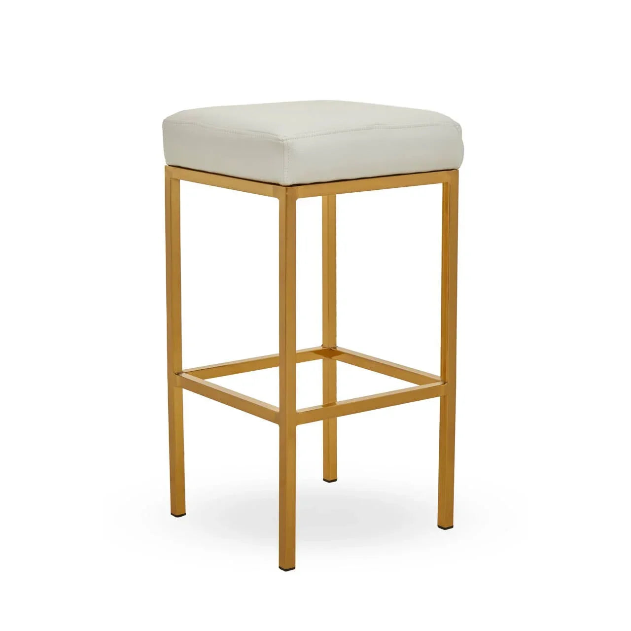 Modern bar stool with gold metal frame and white cushioned seat