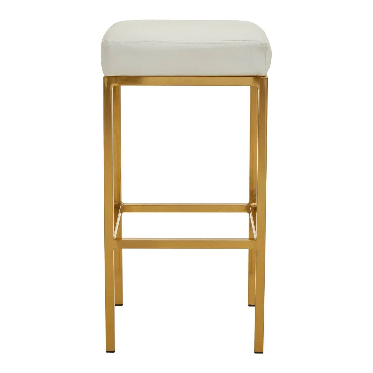 Gold metal bar stool with white cushioned seat, straight modern legs, front view