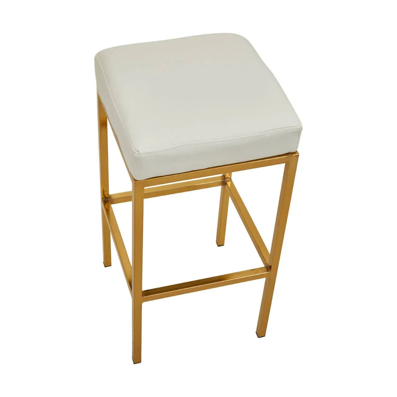 White leather bar stool with gold metal frame and square seat, angled view