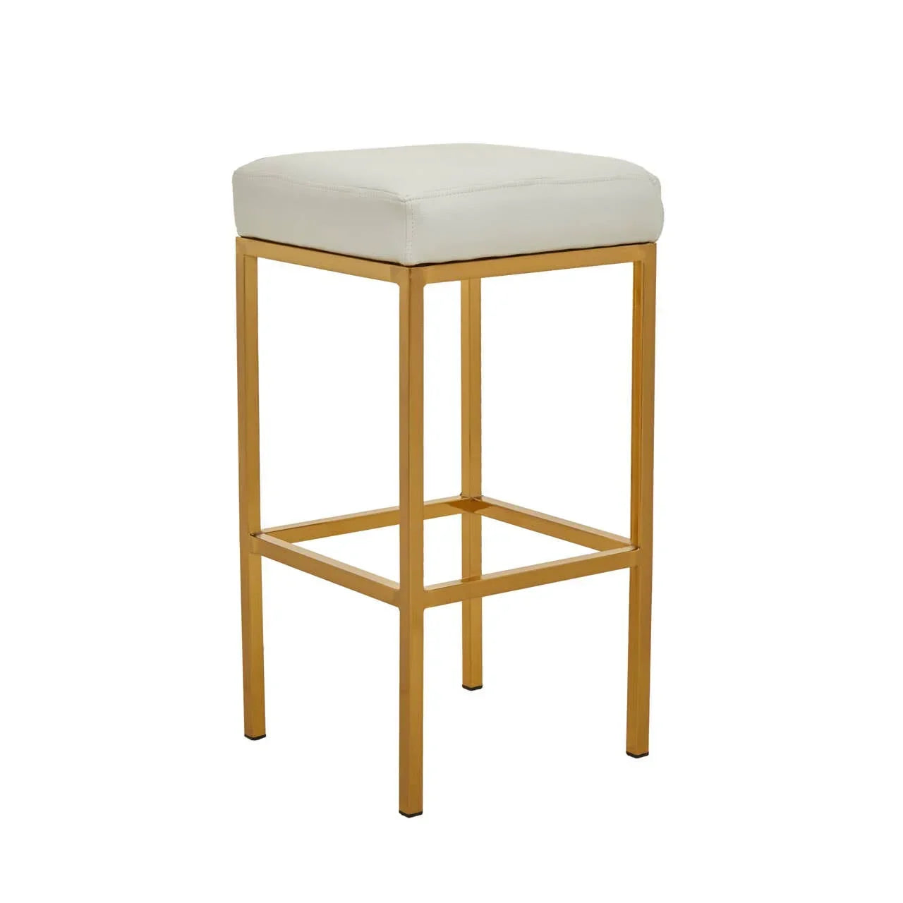 Gold metal bar stool with white padded seat and square frame