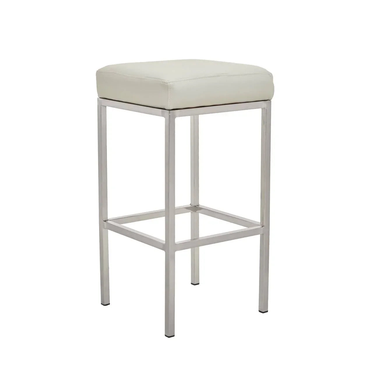 White leather bar stool with chrome metal frame and square padded seat