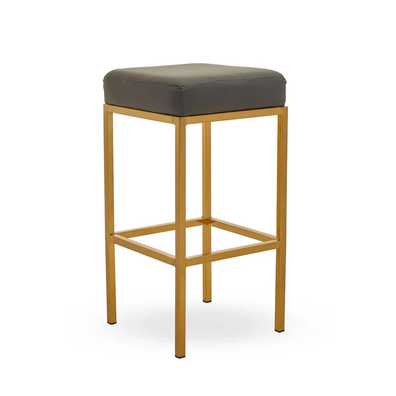 Bar stool with gold metal legs and grey cushioned seat, modern minimalist design