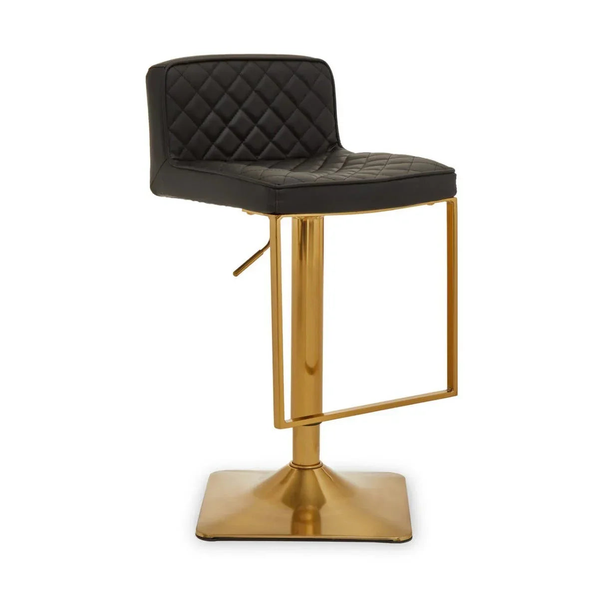 Black quilted bar stool with gold metal base and footrest, side angle view