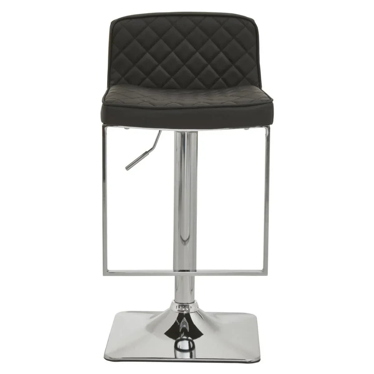Black bar stool with quilted seat, chrome pedestal base, and footrest, front angle view