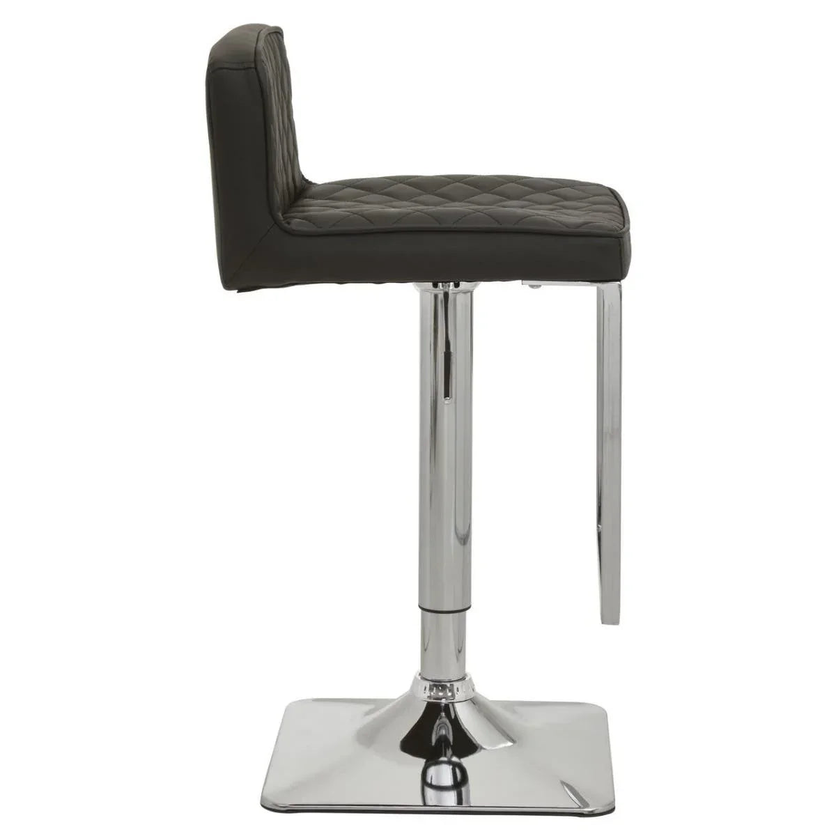 Black bar stool with quilted seat and chrome base side view