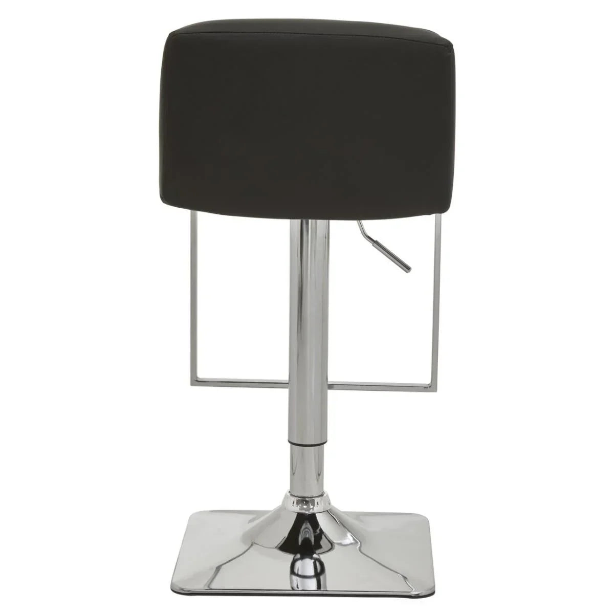 Black bar stool with square seat and chrome base, rear view