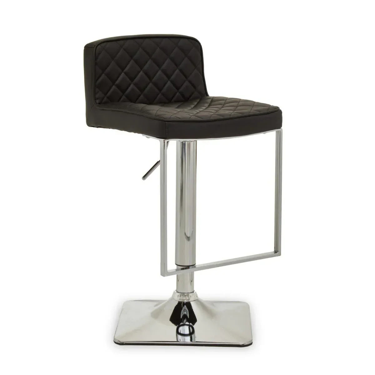 Black quilted bar stool with chrome base and footrest, side view