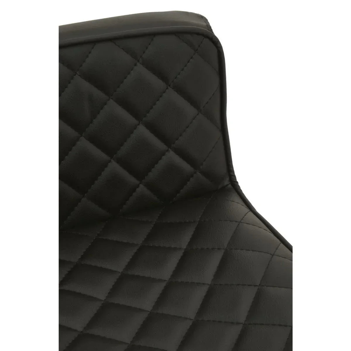 Black faux leather dining chair with diamond quilted stitching detail, close-up view