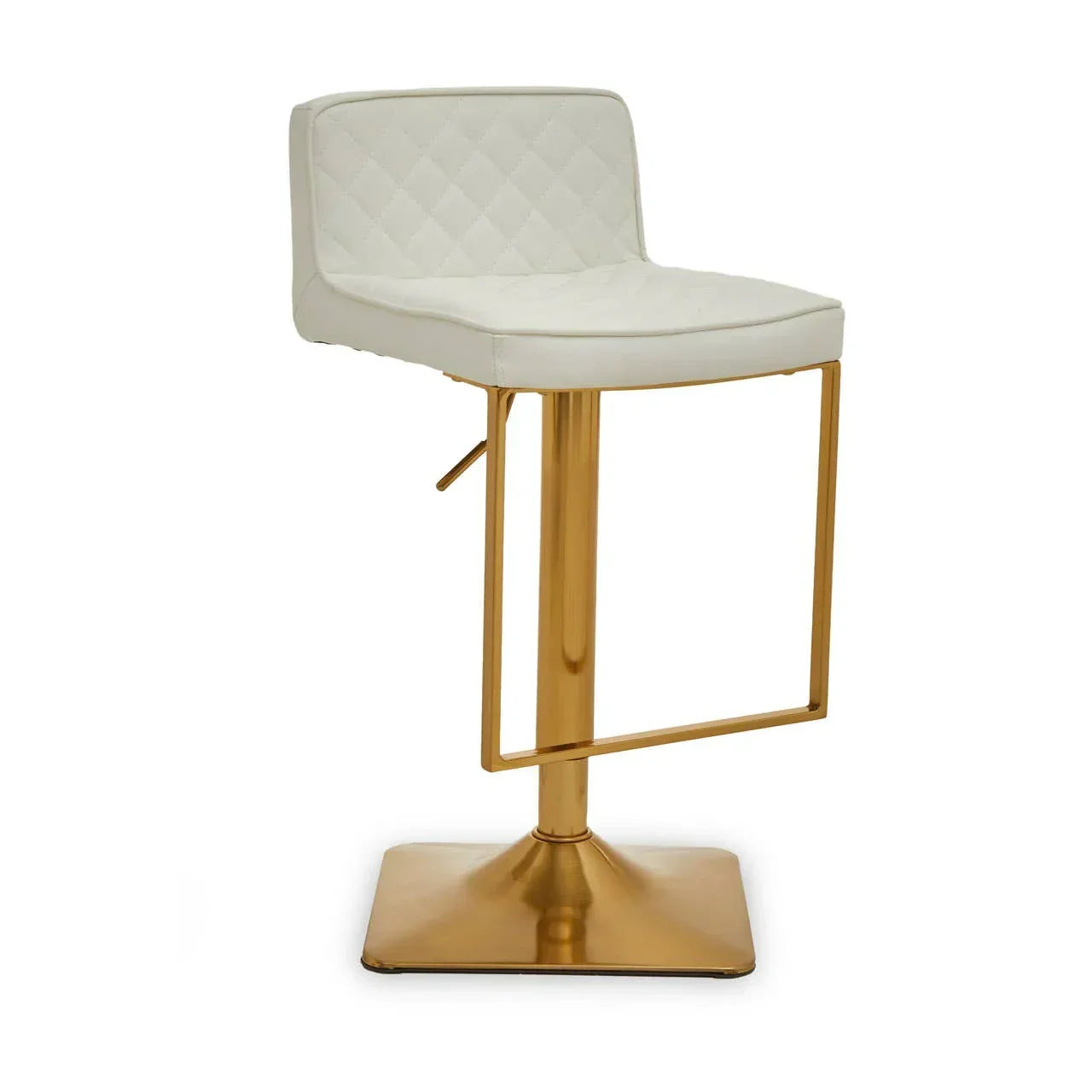 White leather bar stool with gold metal base and footrest, quilted seat and backrest