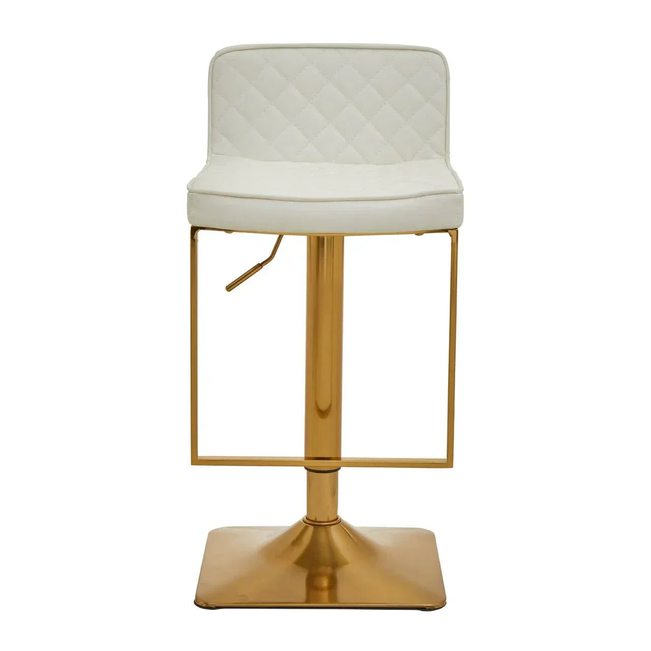 White bar stool with quilted seat and gold metal base, height adjustable, front view